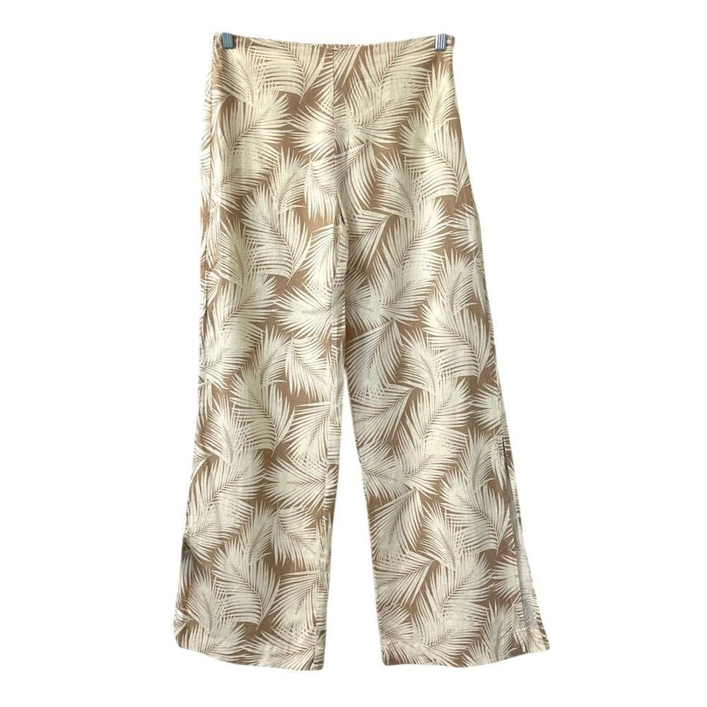 Forever 21 Beige Boho Floral Print Wide-Leg Linen Pants M Hippie Beach Tropical